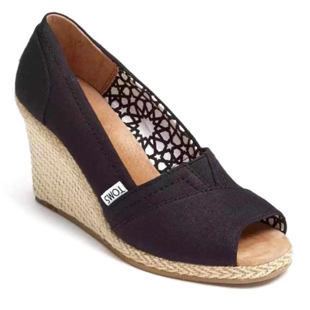 TOMS Calypso Black Peep Toe Wedge Canvas Sandals